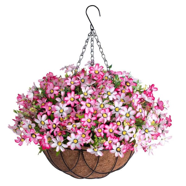 Unbranded 19 .7 in. Pink Artificial Hanging Flowers Outdoors Indoors, Fake Silk Daisies in Basket