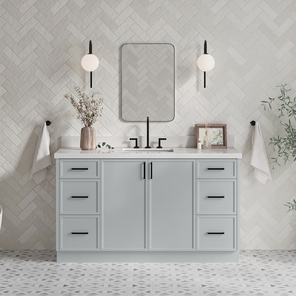 ARIEL Kelly 61 in. W x 22 in. D x 36 in. H Single Sink Bath Vanity in Grey with Pure White Quartz Top