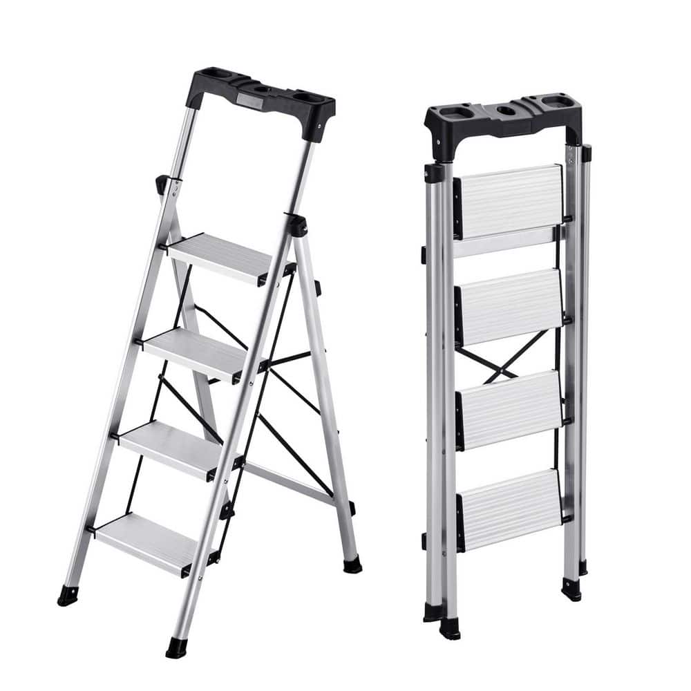 4 Step Ladder, Folding Step Stool with Wide Anti-Slip Pedal and Comfort Handgrip, 330 lbs. Aluminum Stepladder, Silver price history on PriceWatchPro
