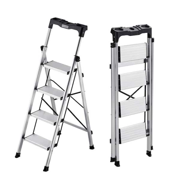 4 Step Ladder, Folding Step Stool with Wide Anti-Slip Pedal and Comfort Handgrip, 330 lbs. Aluminum Stepladder, Silver