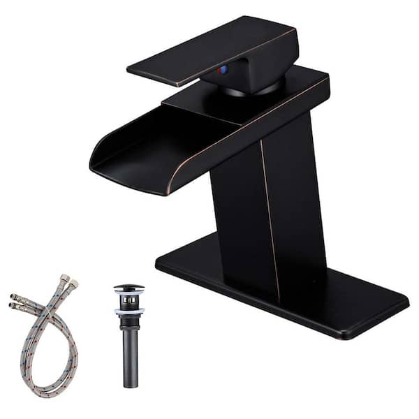 Fapully Single Hole Waterfall Vanity Sink Bathroom Faucet with Escutcheon and Pop-Up Drain Assembly in Oil Rubbed Bronze