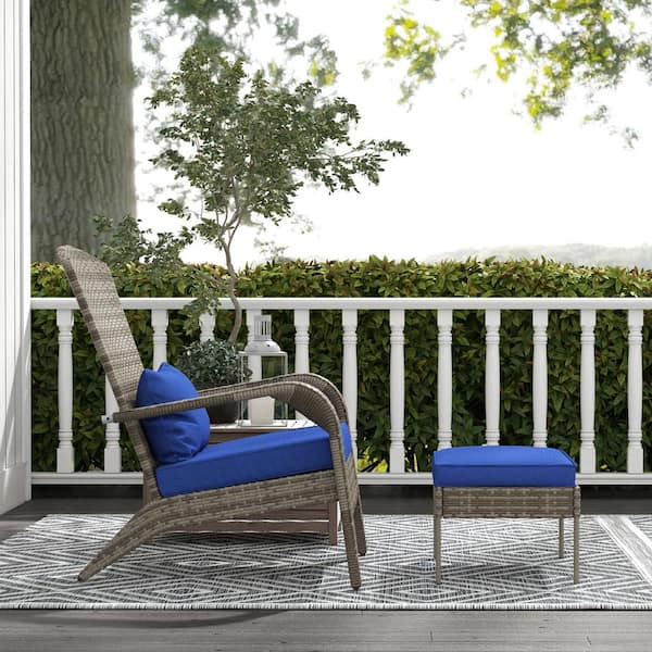 Gray Patio Wicker Adirondack Chair with Ottoman, Outdoor Fire Pit Chair with Dark Blue Cushions, High-Back