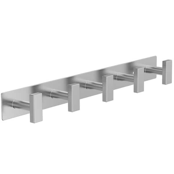 5-Hook Wall-Mount Coat Rack Towel Hook in Silver Brushed Stainless Steel for Bathroom Entryway Organizer