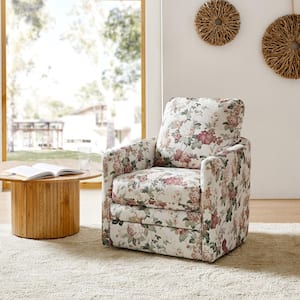 Lauren FLORAL Transitional Wooden Upholstered Living Room Swivel Chair with Metal Base