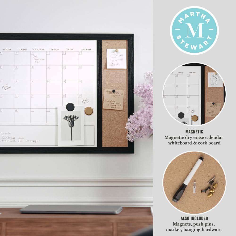 Black Woodgrain 24" x 18" Magnetic Dry Erase Calendar with Cork Board