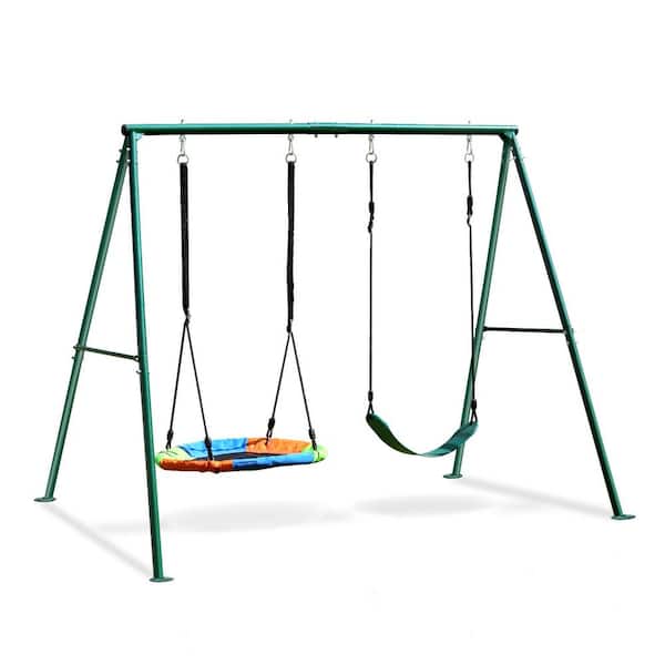 Multicolor Steel 2-Seat Swing Set with Stand for Backyard, 32 in. Saucer Swing and 26.2 in. Swing Seat