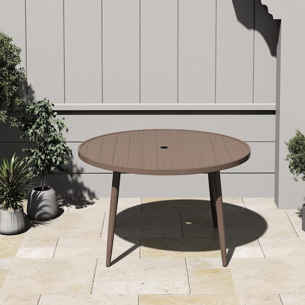 Kadehome Light Brown Round All Aluminum 48.03 in. L x 48.03 in. W Outdoor Dining Table with 2.1in Umbrella Hole for Backyard Deck