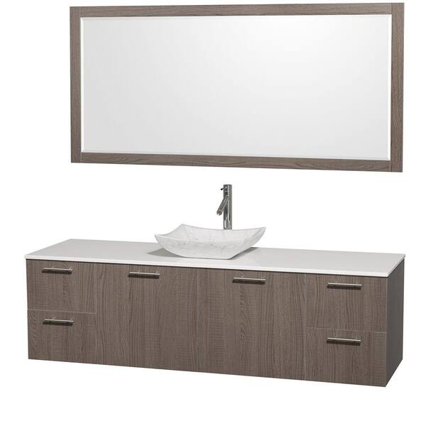 Wyndham Collection Amare 72 in. Vanity in Grey Oak with Man-Made Stone Vanity Top in White and Carrara Marble Sink