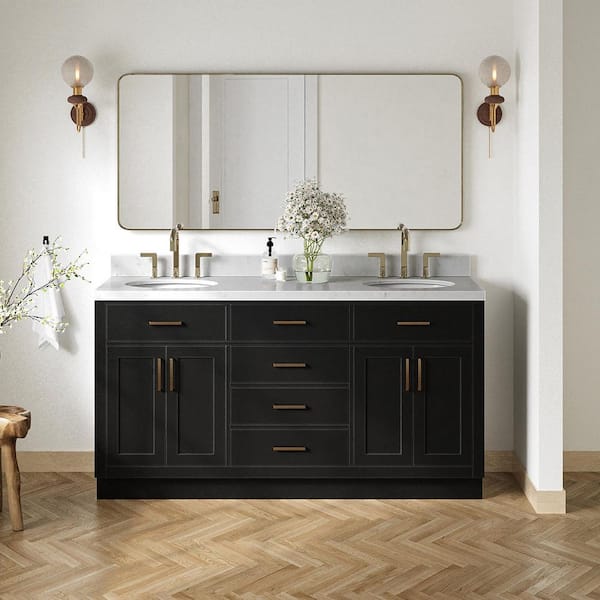 ARIEL Hepburn 66 in. W x 22 in. D x 36 in. H Double Sink Freestanding Bath Vanity in Black with Carrara White Quartz Top