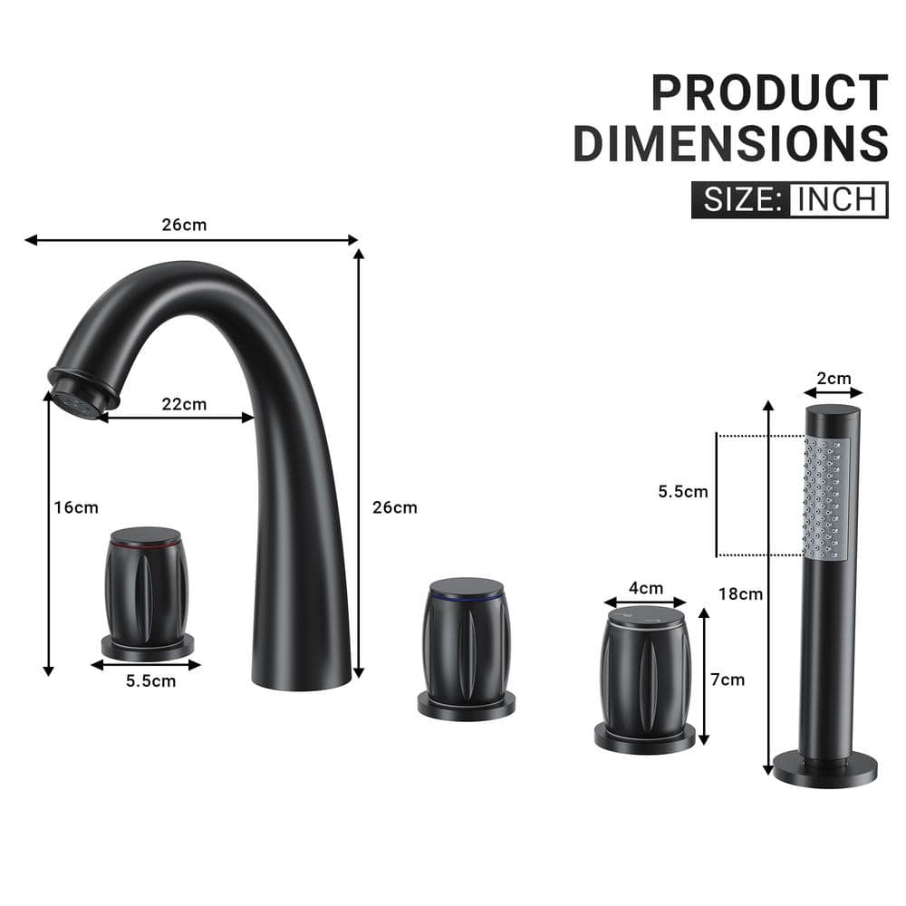 Matte Black Triple Handle Deck Mount Roman Tub Faucet with Hand Shower