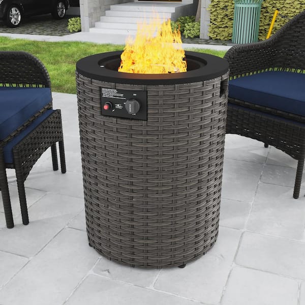 18.9 in. Gray Round Wicker Fire Pit Table Outdoor Patio Propane Gas Firepit with Metal Tabletop