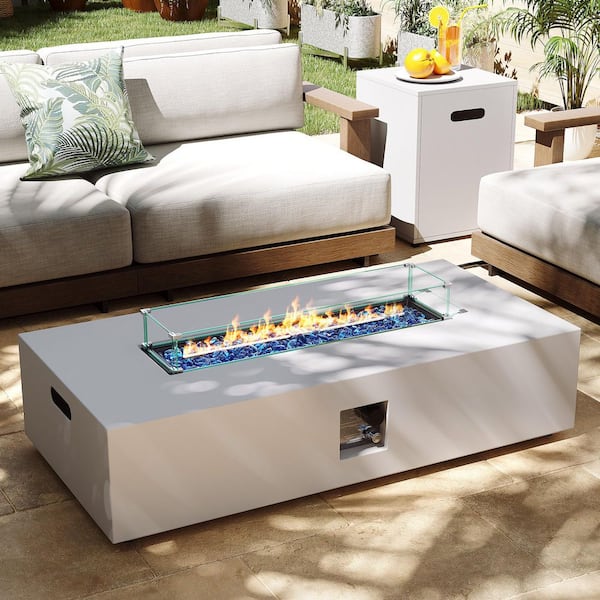 50,000 BTU 56 in. Rectangular Iron Propane Fire Pit Table with Tank Cover and Glass Wind Guard in White