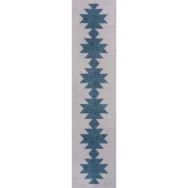 Chayton Minimalist Geometric Machine-Washable Gray/Blue 2 ft. x 8 ft. Runner Rug