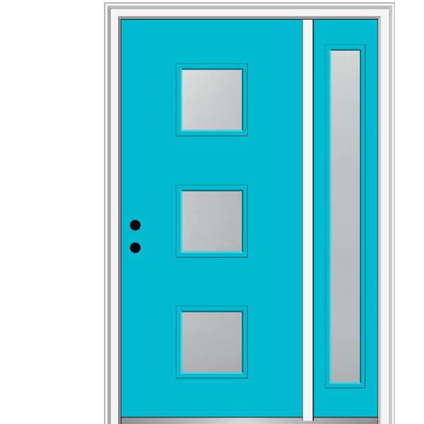 MMI Door 53 in. x 81.75 in. Aveline Frosted Right-Hand 3-Lite Modern Painted Fiberglass Smooth Prehung Front Door w/ Sidelite