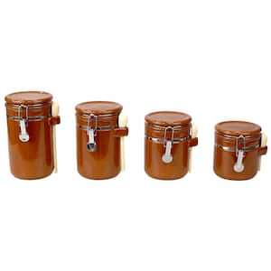 4 Piece Ceramic Canisters with Air-Tight Clamp Top Lid and Wooden Spoons, Brown