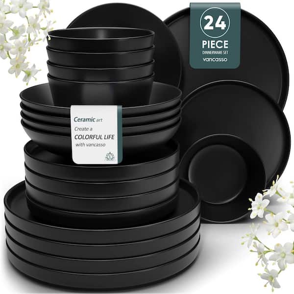 24-Piece Matte Black Stoneware Dinnerware Set Service for 6 Dishware Bowls and Plates Dinner Set
