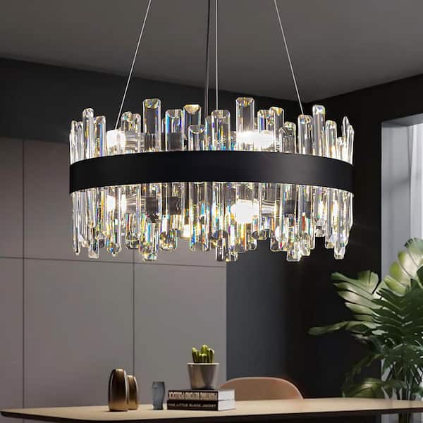 WDETR 20 in. 12-Light Black Modern Crystal Chandelier with Light Dining Room or Kitchen