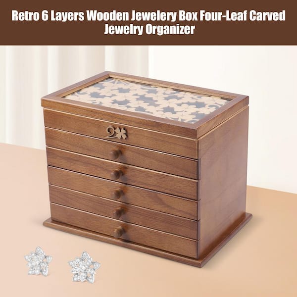 YIYIBYUS 6-Layer Wood Vintage Style Jewellery Box with Four-leaf