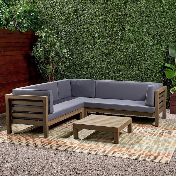 4 Piece Wood Outdoor Sectional Set, Wood Outdoor Sofa With Cushions