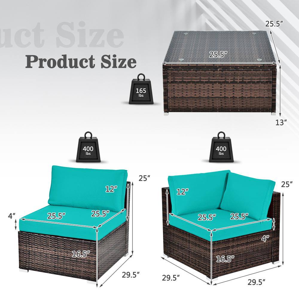 Turquoise Cushioned 5-Person Brown Iron Wicker Patio Set