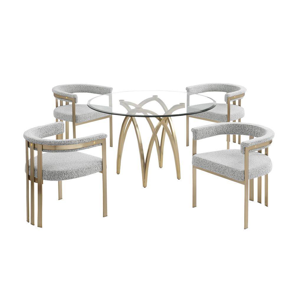 Bayton 5-Piece Clear Tempered Glass Top Brushed Matte Gold Chrome-Plated Base Dining Set With 4 Rich Grey Boucle Chairs price history on PriceWatchPro