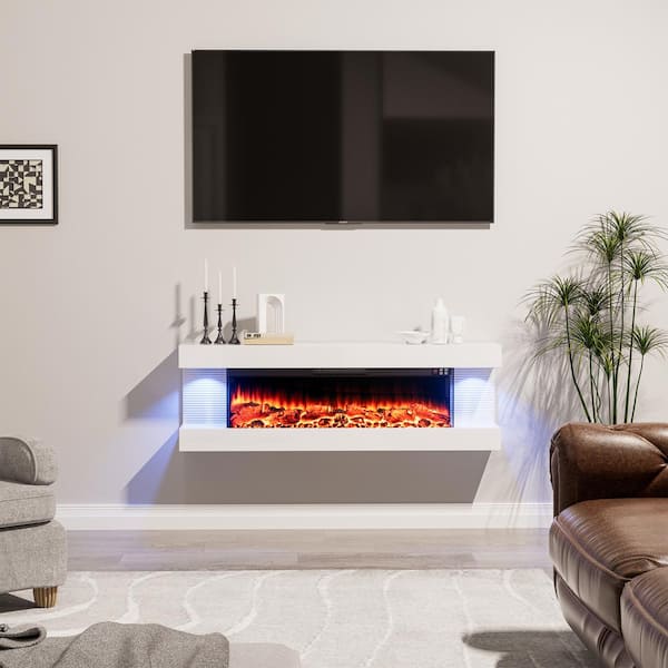 50 in. Wall Mount 3-Sided Electric Fireplace in White with Thermostat and Remote, 12-Flame Colors, LED Side Lights