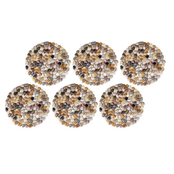 9.61 in. x 9.53 in. x 3.7 in. Round Multi-Colored Polished River Rock Stepping Stones Mesh Backing Garden Path 6-Pieces