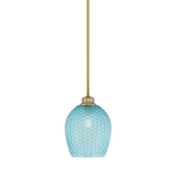 Unbranded Tyler 60-Watt 1-Light New Age Brass Stem Mini Pendant Light with Turquoise Textured Glass Shade