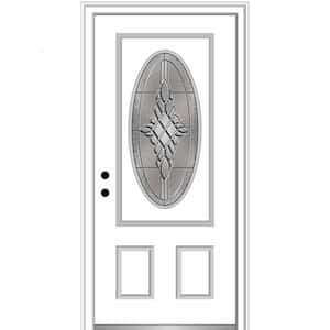 36 in. x 80 in. Grace Right-Hand Inswing Oval-Lite Decorative 2-Panel Primed Steel Prehung Front Door, 6-9/16 in. Frame