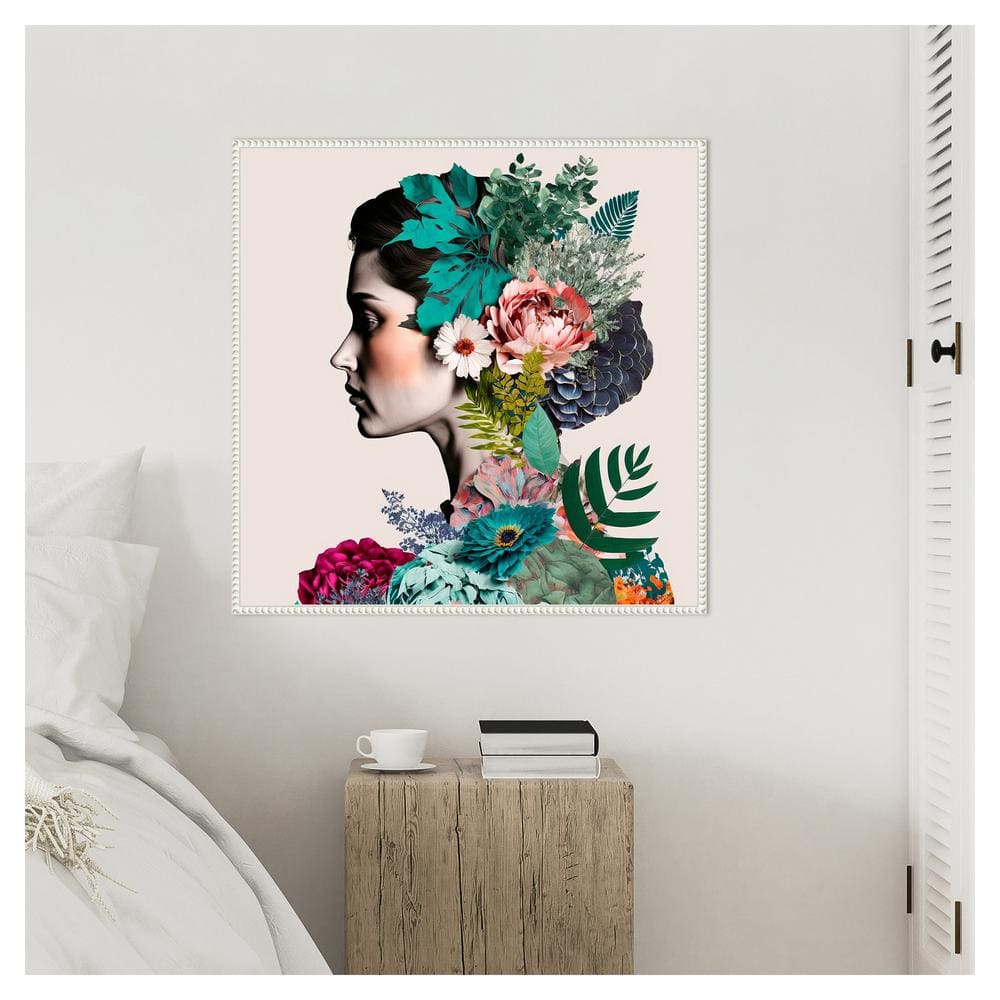 Floral Profile Abstract Expressionism Canvas Wall Art with White Frame