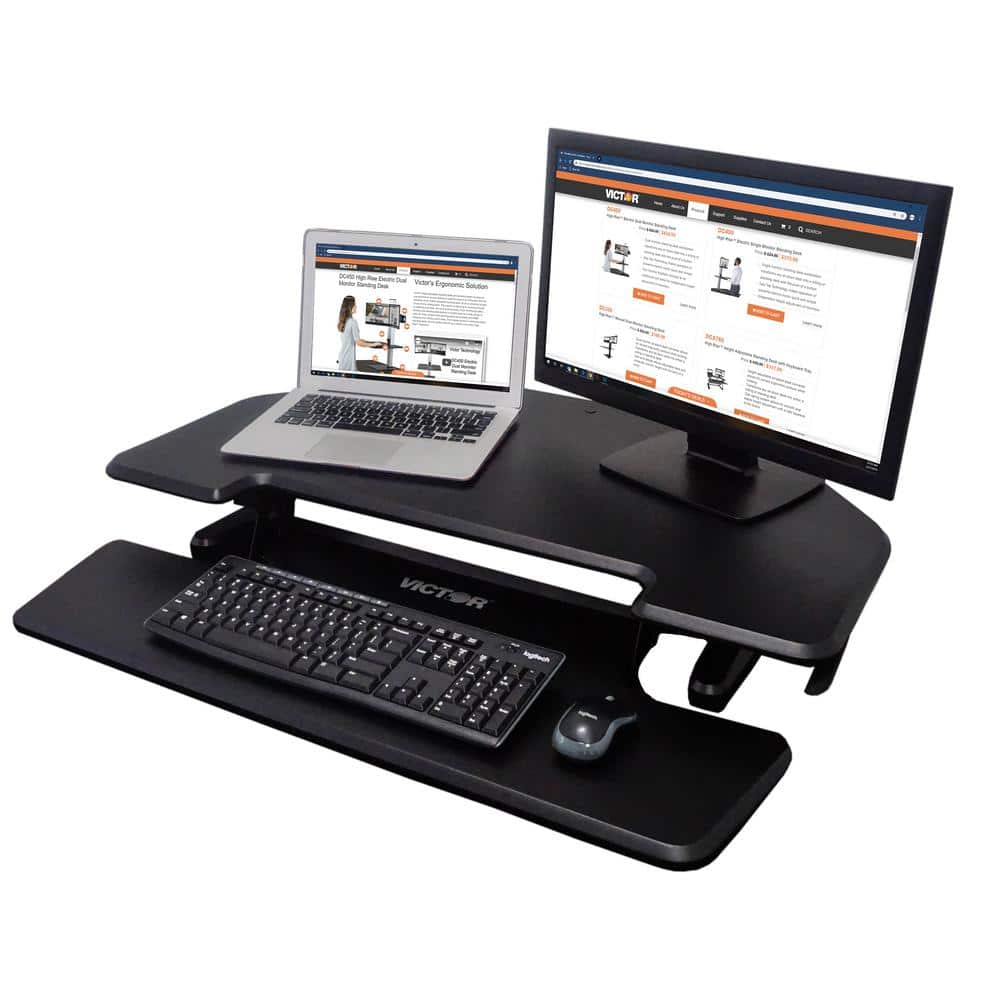 Black Steel Adjustable Standing Desk Converter with Keyboard Tray