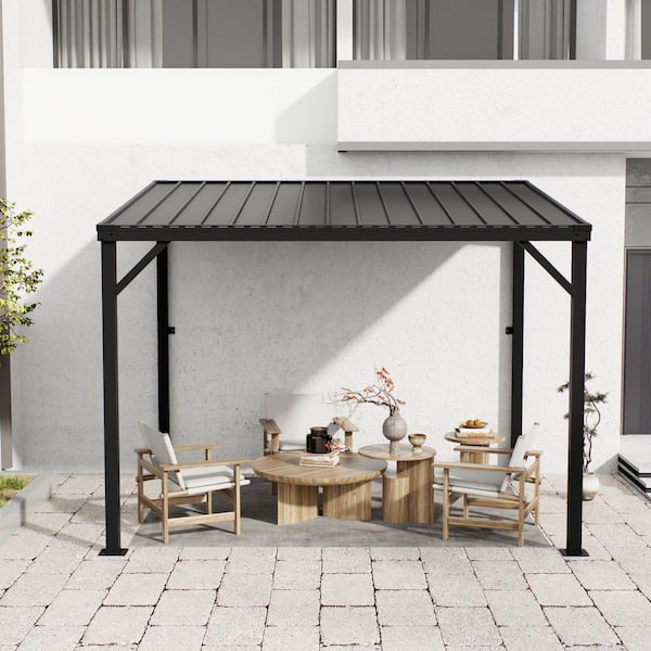 10 ft. x 8 ft. Large Heavy Duty Metal Outdoor Pergola Gazebo, Wall-Mounted Lean to Awning Gazebo with Roof