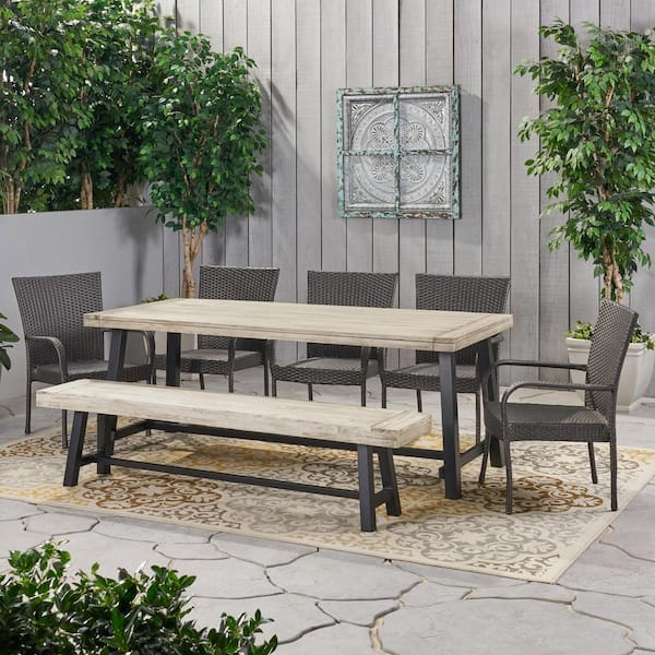 Noble House Lyons 30 in. Black 7-Piece Metal Rectangular Patio Outdoor Dining Set