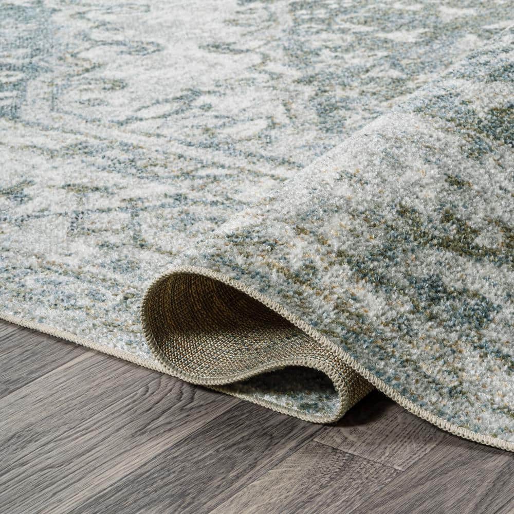 Pavel Light Gray and Blue Synthetic Washable Medallion Rug, 3 ft. x 5 ft.