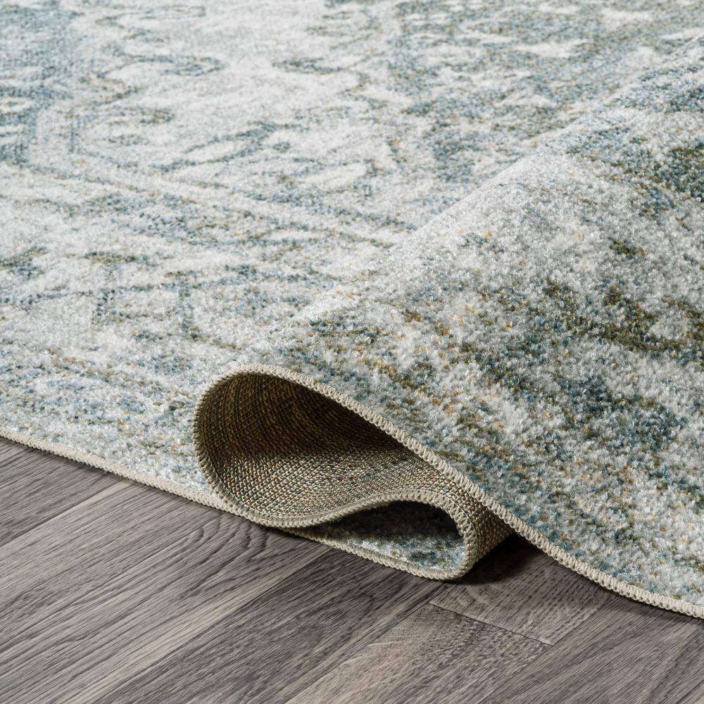 Pavel Light Gray and Blue Synthetic Medallion Washable Area Rug