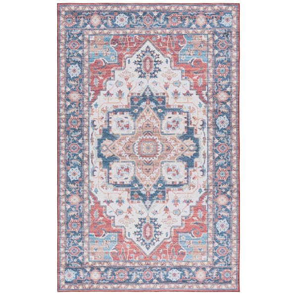 Martha Stewart Washable Rust/Blue 5 ft. x 7 ft. Machine Washable Floral Medallion Area Rug
