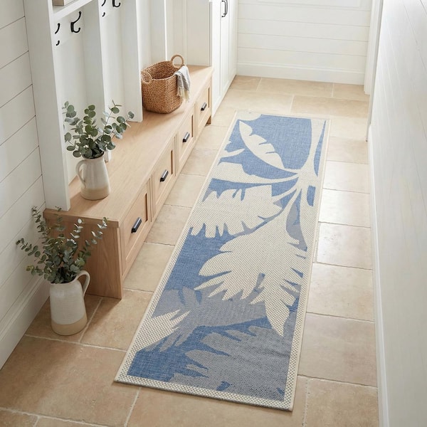 Monaco Coastal Flora Ivory-Sapphire 2 ft. x 12 ft. Indoor/Outdoor Runner Rug