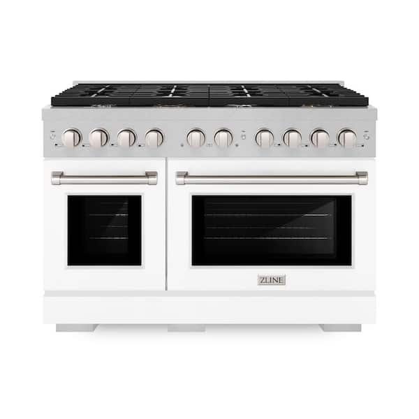 ZLINE Kitchen and Bath 48 in. Paramount Double Oven Dual Fuel Range with 8 Burner Gas Cooktop in Satin Stainless Steel with White Matte Doors