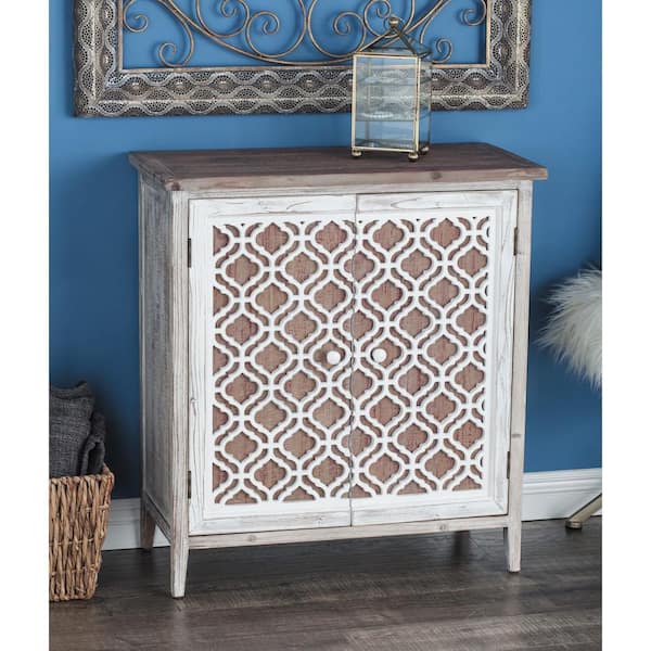 Litton Lane Brown Wood Geometric Cabinet with Carved Relief Overlay