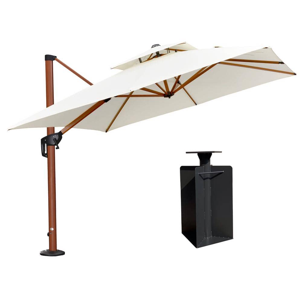 9 ft. Square High-Quality Wood Pattern Aluminum Cantilever Polyester Patio Umbrella with Base in Ground, Cream