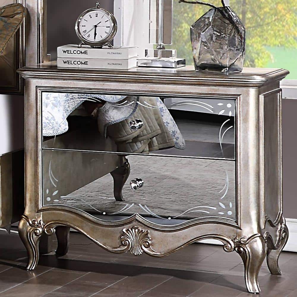Antique Champagne Mirrored 2-Drawer Nightstand