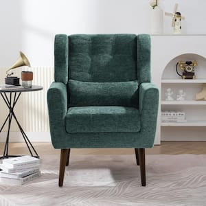 Blackish Green Chenille Fabric Upholstered Accent Chair with Waist Pillow, Wood Legs with Pads