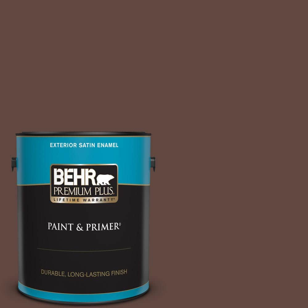 BEHR PREMIUM PLUS 1 gal. #180F-7 Warm Brownie Satin Enamel Exterior Paint &  Primer 934001 - The Home Depot