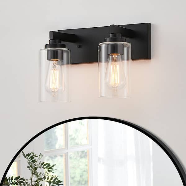 14.12 in. 2-Light Black Vanity Light with Clear Glass Shade