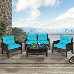 4-Piece Rattan Wicker Patio Conversation Set with Turquoise Cushions