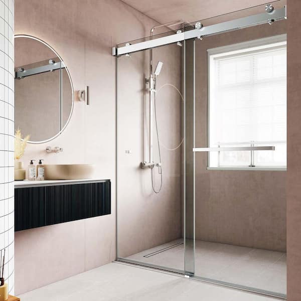VS Series 56-60 in.W x 78in. H Frameless Soft Closing Double Sliding Shower Door 3/8in. Tempered Glass in Brushed Nickel