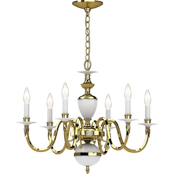 6-Lights Polished Brass & White Chandelier