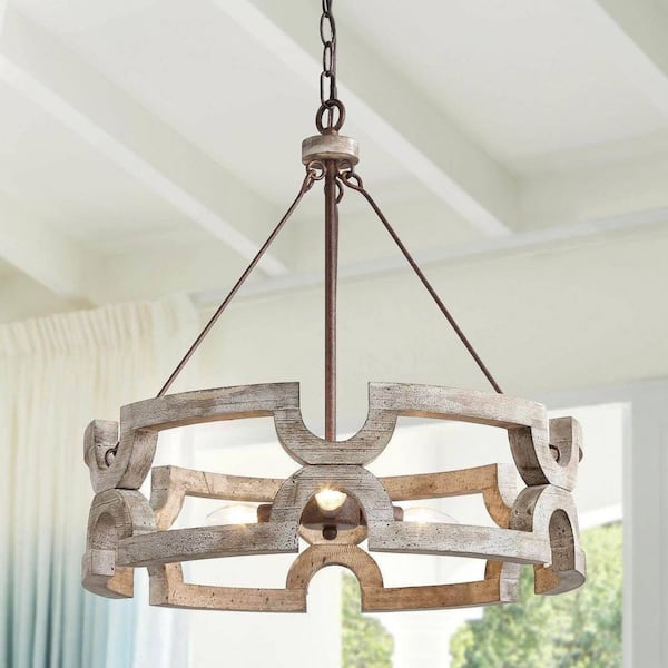Modern Farmhouse Solid Wood Drum Island Chandelier 3-Light Rustic Brown Pendant Light for Dining Room Kitchen Entryway
