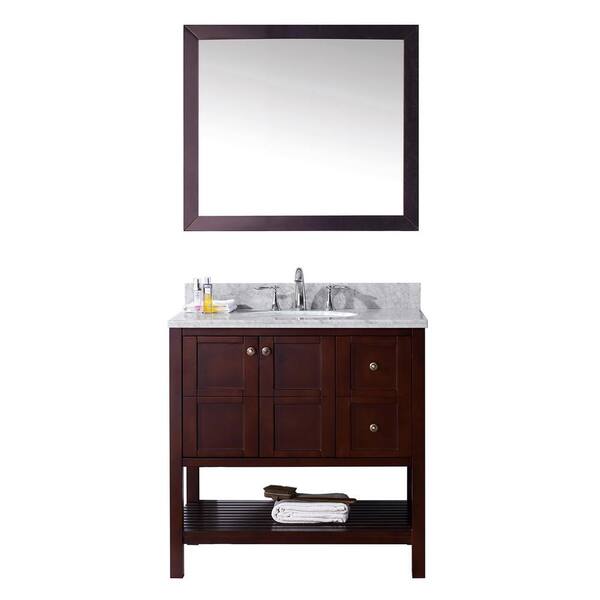 Virtu USA Winterfell 36 in. W x 22 in. D Vanity in Cherry with Marble Vanity Top in White with White Basin and Mirror