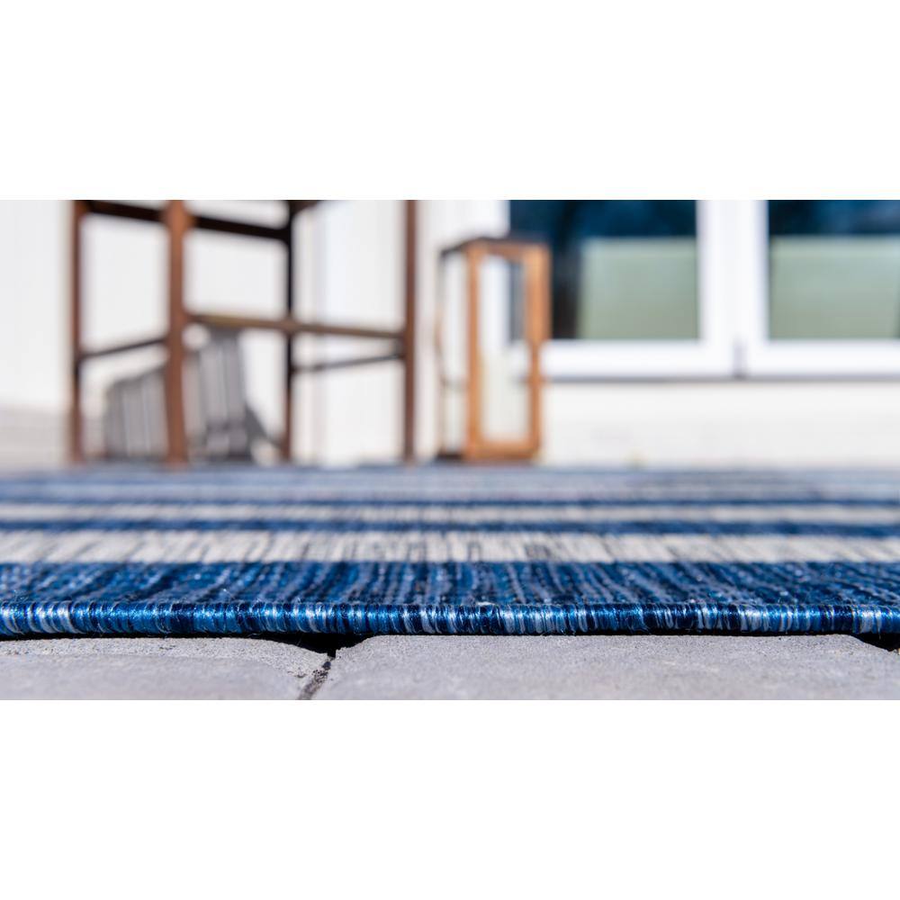 Blue and White Striped Outdoor Synthetic Rug, 9' x 12'